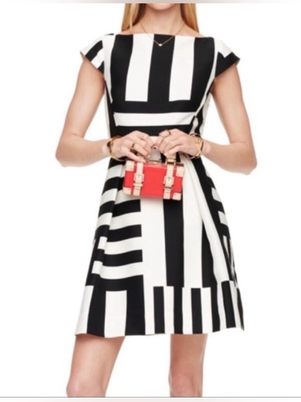Kate Spade Black and White Geometric Fit-and-Flare Dress with Back Bows